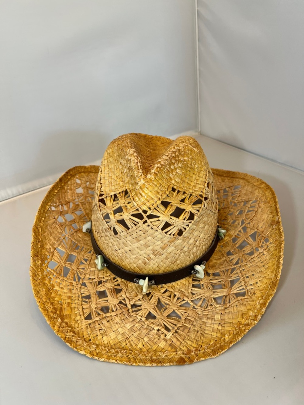 Tropical Trends Straw Cowboy Hat with Mint Green Stone Detailing - Natural